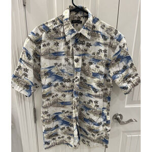 Pierre Cardin Men’s Hawaiian Button Up Shirt White Tropical Leaf Cotton M